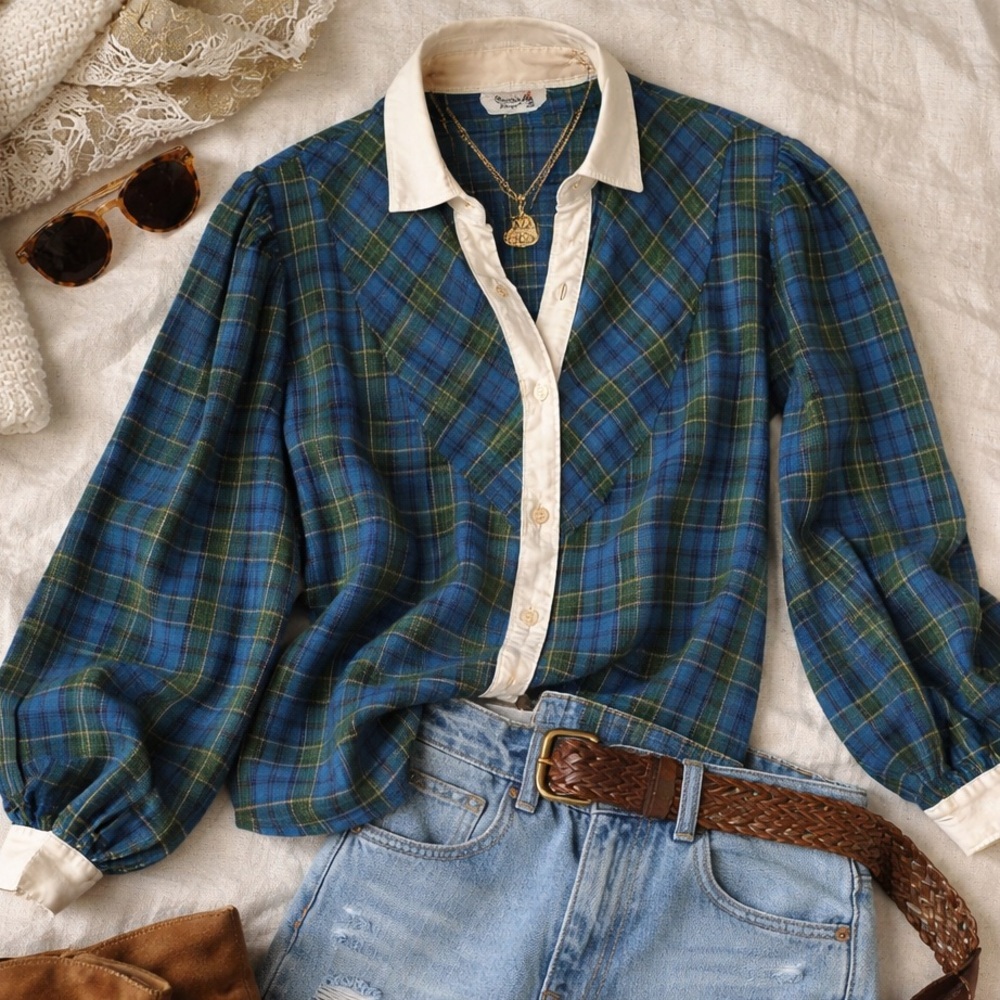 Vintage 80s Tartan Plaid Puff Sleeve Blouse White Collar Preppy Academia XS/S